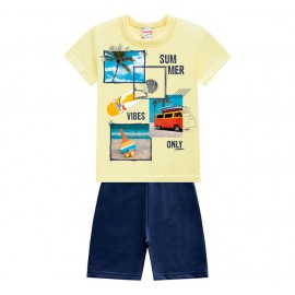 Conj. Infantil Camiseta Manga Curta Amarelo Praia e Bermuda Moletinho Azul Marinho Menino Brandili 1-3/4-8 Anos